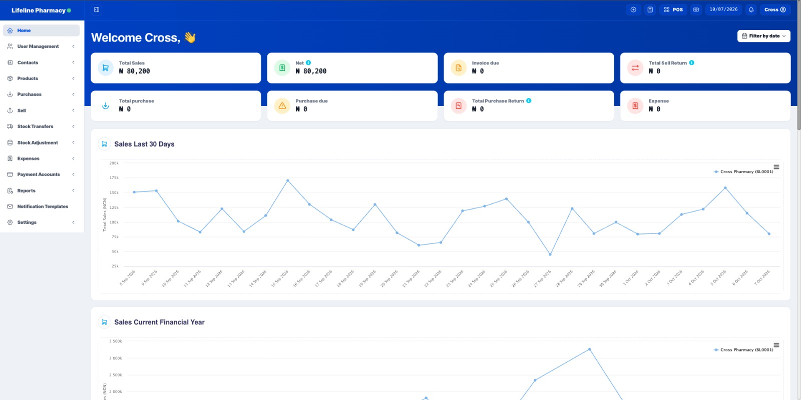 Pharmacy Management System dashboard showing sales, inventory and financial reports